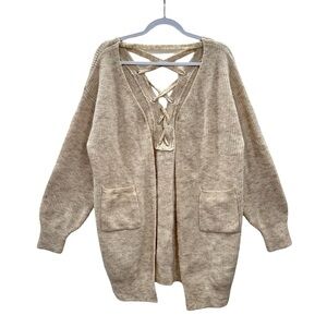 CBRAND Women L Open Cardigan Long Knit Wool Spandex Blend Back Cross Tie